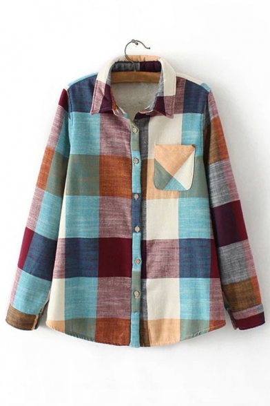Fall Winter New Plaid Print Fleece Shirt with One Pocket