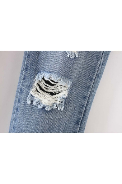 Fashion Ripped Embroidery Floral Pattern Mid Waist Jeans
