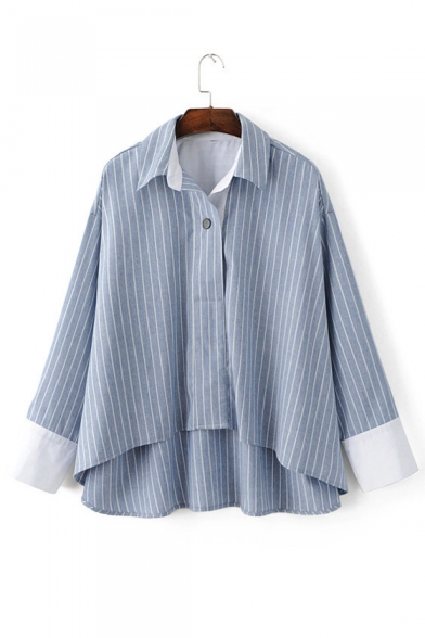 Folded Cuff Color Block High Low Pullover Stripe Shirt