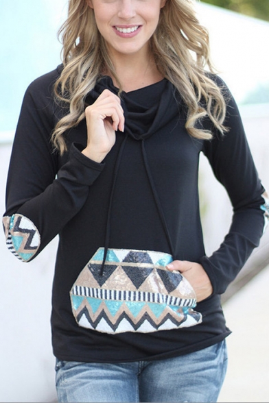 Hooded Elbow Patchwork Long Sleeve Hoodie with a Patchwork Kangaroo Pocket