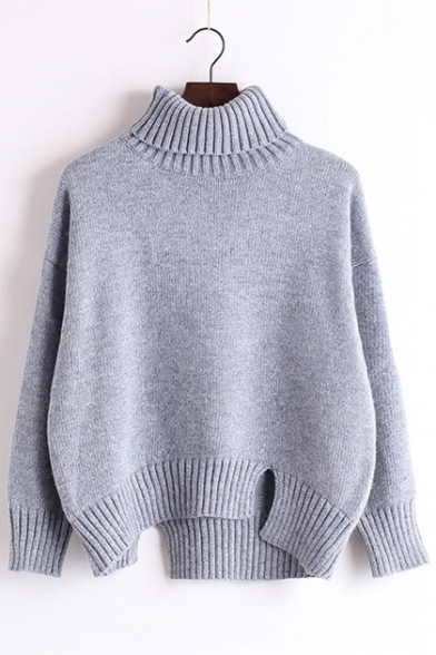 Long Sleeve Turtle Neck Split Side Loose Pullover Basic Women's Sweater