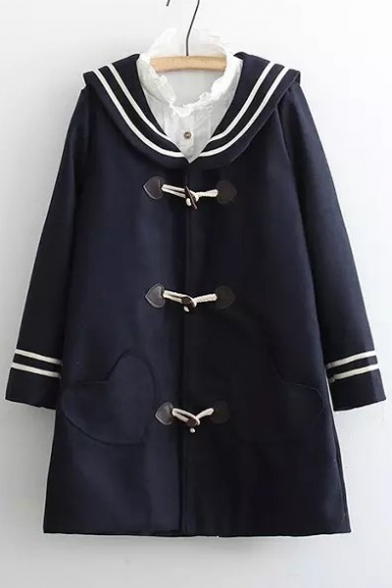 Popular Stripes Trim Horns Button Long Sleeve Coat