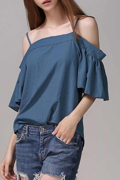 Sexy Spaghetti Straps Cold the Shoulder Ruffle Sleeve Split Back Crop Top