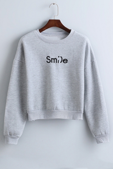 Smile Letter Embroidery Round Neck Short Sweatshirt with Drop Sleeve in Gray/Black/Pink