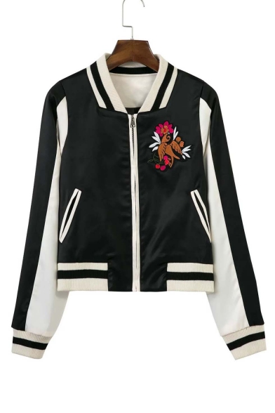 Black and White Color Block Stand-Up Collar Zip Front Embroidery Floral Crop Baseball Jacket