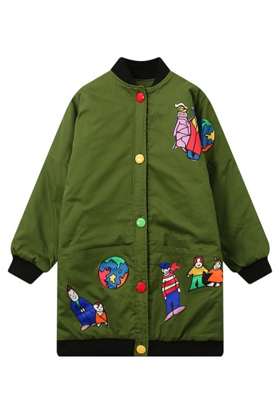 Contrast Trim Cartoon Panel Colorful Single Breasted Stand-Up Collar Tunic Coat