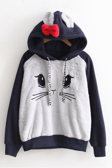 New Cute Cartoon Cat Ears Hooded Color Block Long Sleeve Sweatshirt