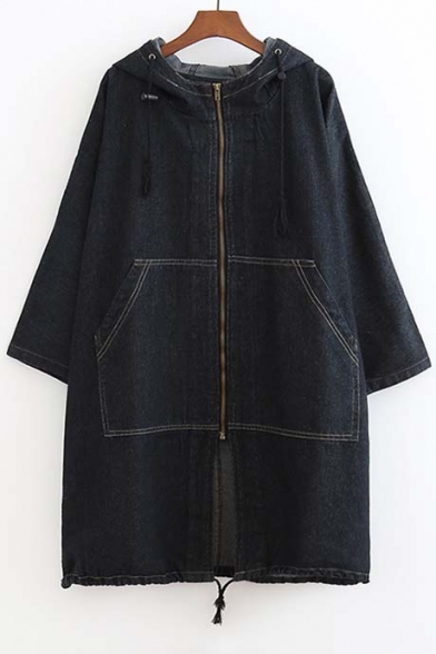 Big Pocket Front Zip Up Drawstring Hooded Denim  Coat