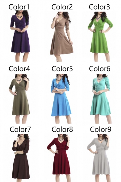 Women's 3/4 Sleeve Dress Ruched Waist Classy V-Neck Casual Cocktail Dress