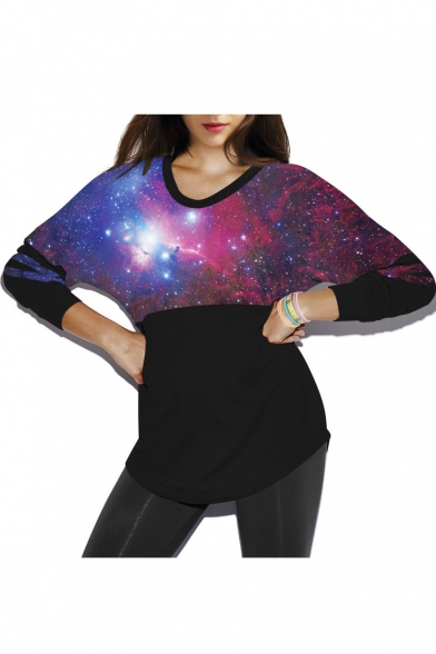 Blue Galaxy Print Fashion Round Neck Pullover Batwing Sleeve Women's Sweatshirt