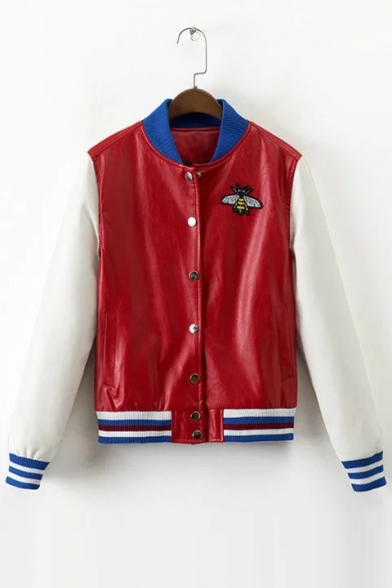 Color Block Bee Embroidered Single-Breasted PU Jacket