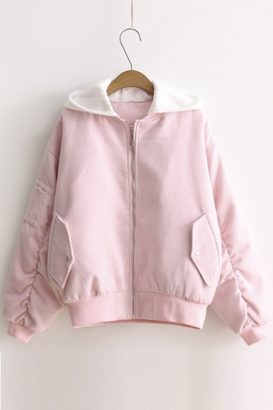 Contrast Hooded Embroidery Letter in Back Zipper Plain Coat