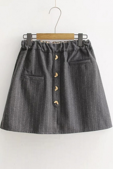 Elastic Waist Vertical Striped Mini A-line Skirt with Two Pockets