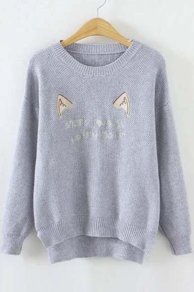 Fashion Cute Cat Letter Embroidered Round Neck Dip Hem Sweater