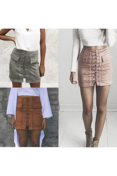 Fashion Lace-Up Front Pockets Details Pencil Mini Skirt