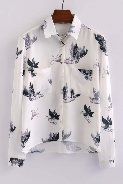 Fashion Leaf Print Dip Hem Lapel Shirt with Pockets