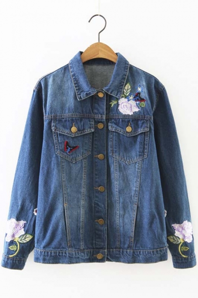 New Arrival Fashion Floral Embroidery Lapel Denim Jacket Coat ...