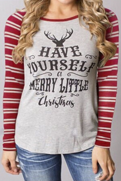 Contrast Striped Raglan Long Sleeve Deer Letter Printed Graphic T-Shirt