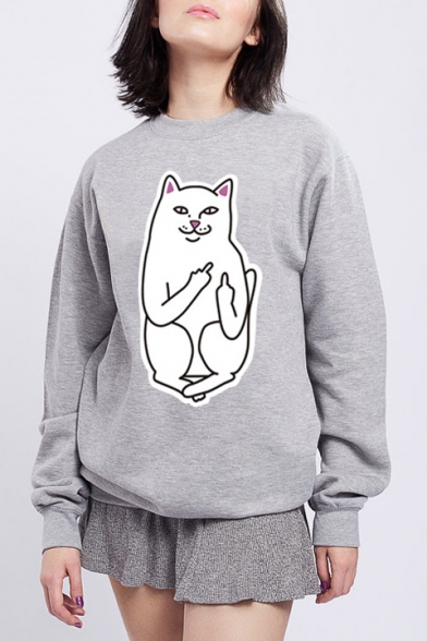Round Neck Long Sleeve Cat Print Casual Sweatshirt for Couple