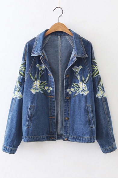 Women's Fashion Lily Embroidery Long Sleeve Buttons Down Denim Coat