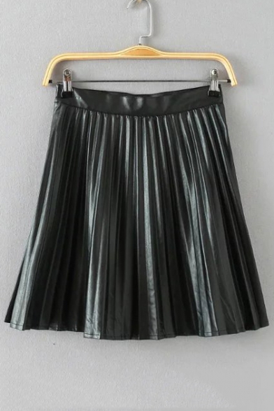 Women's Plain High Rise PU A-Line Mini Pleated Skirt