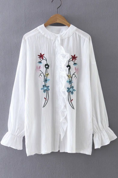Women's Round Neck Fashion Flare Cuff Floral Embroidery Buttons Down ...