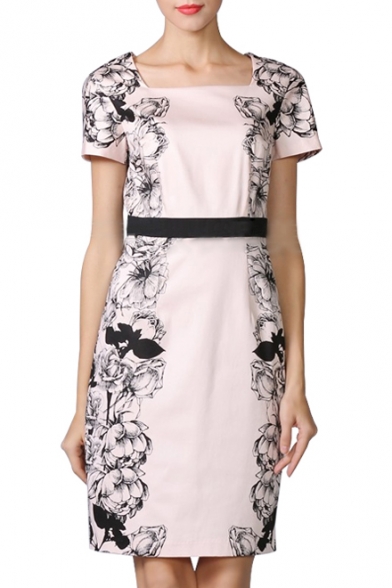 Women's Square Neck Short Sleeve Floral Print Midi Dress