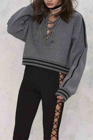 Fashion Lace-Up Front Women's Hooded Striped Print Crop Hoodie