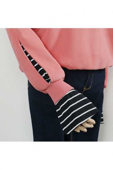 New Striped High Neck and Cuffs False Two-Pieces Pullover Sweatshirt