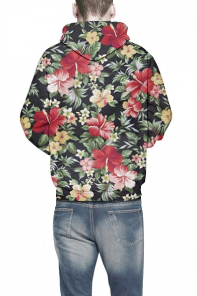 Unisex Simulation Floral Printing Pocket Hooded Sweatshirt