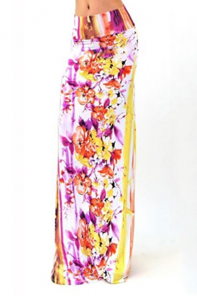 Women Fashion Multicolored Print High Waisted Beach Maxi Skirts Long Skirt