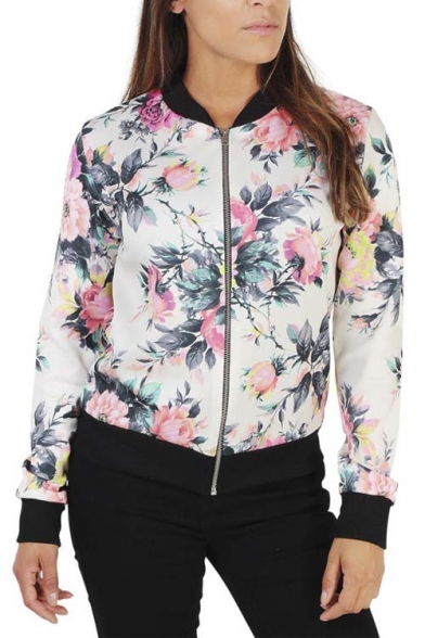 Fashion Contrast Stand-Up Collar Floral Printed Zipper Placket Bomber Jacket