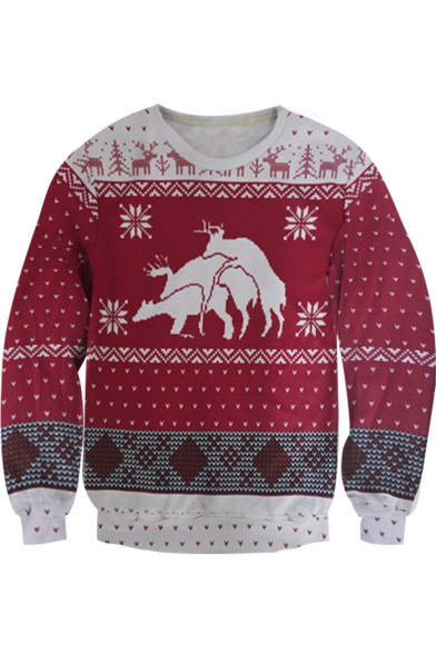 Fashion Deer Snowflake Geometric Color Block Pullover Sweatshirt