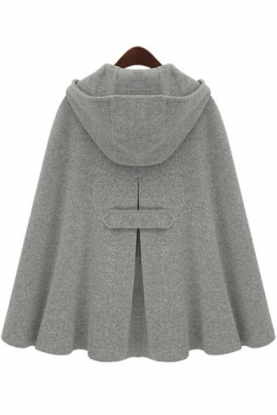 Fashion Hooded Double Buttons Plain Cape with Two Pockets