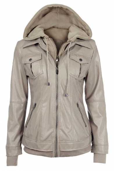 Fashion Hooded Zipper Placket Plain False Two-Piece PU Jacket