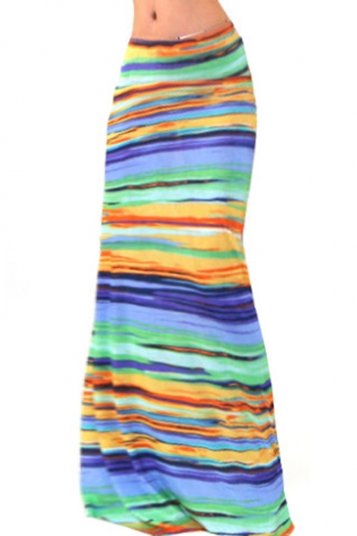 Women Fashion Multicolored Striped High Waisted Thick Maxi Skirts Long Skirt