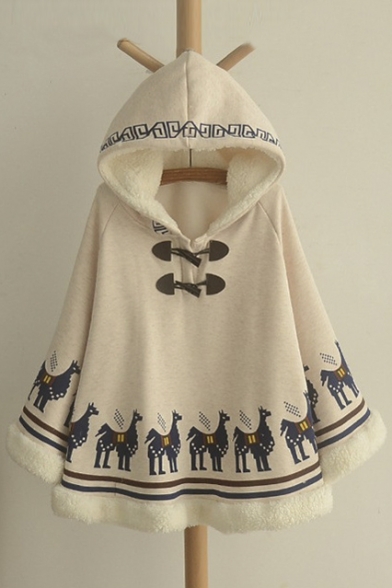 Women's Animal Print Long Sleeve Winter's Warm Hooded Warm Cape Coat