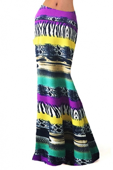 Women's Casual Printed High Waist Stretch Maxi Skirt Fishtail Long Skirt