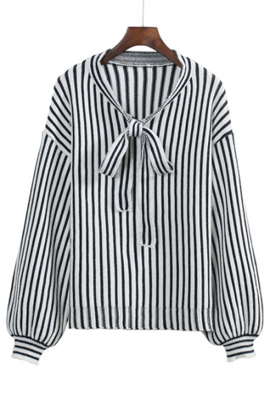 Women's Vertical Striped Color Block Bow V-Neck Long Lantern Sleeve Sweater
