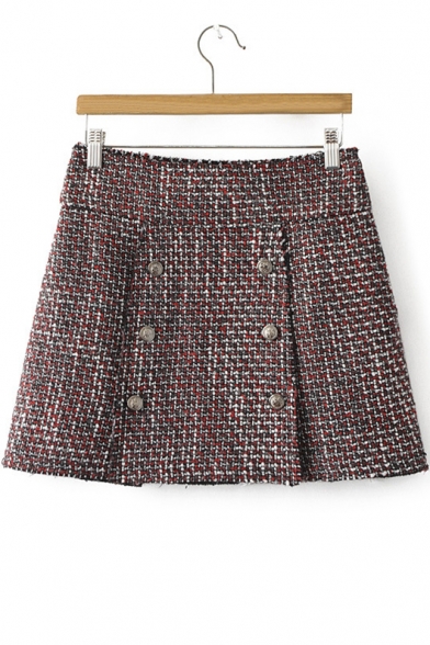 Women's Winter Plaid Print Double Breasted A-Line Mini Skirt