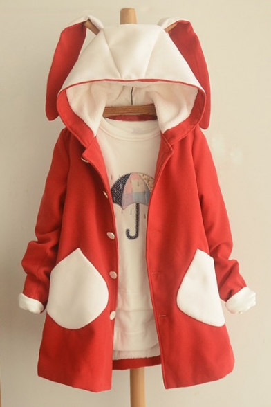 Cute Contrast Rabbit Ear Hooded Single Breasted Long Sleeve Coat with Two Contrast Pockets