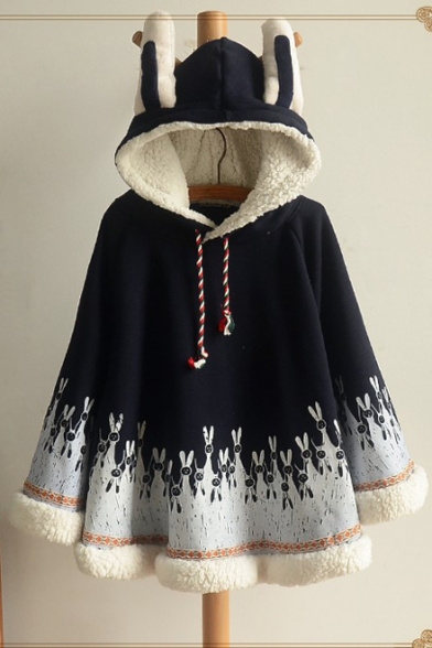 Lovely Rabbit Ears Hooded Animal Printed Cotton Trim Cape