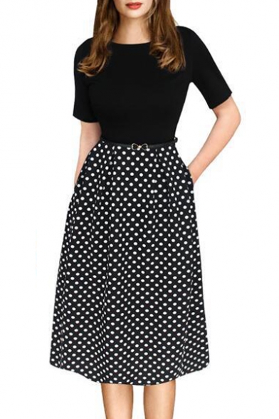 Retro Style Polka Dots Print Short Sleeve Round Neck A-Line Dress