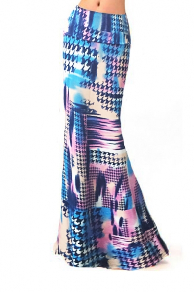 Women's Contrast Printed Package Hip Maxi Skirt