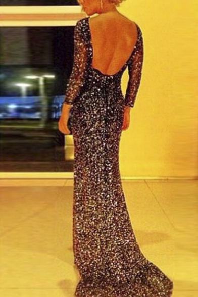 Women's Sexy Open Back Long Sleeve Sequined Print Bodycon Dress