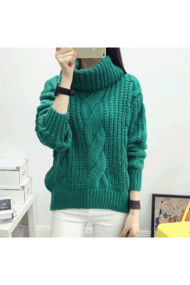 Women's Turtle Neck Solid Color Cable Knit Sweater