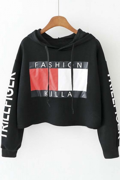 New Hooded Latter Patchwork Long Sleeve Cropped Hoodie