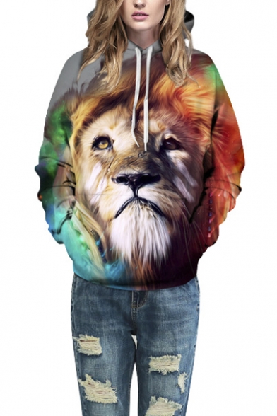 Unisex 3d Lion Printed Kangaroo Pocket Hooded Sweatshirt Hoodies