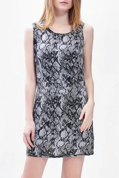 Women's A-Line Mini Dress Round Neck Sleeveless Printed Dress