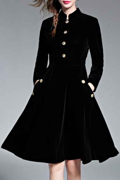 Women's Fashion Winter Long Sleeve Velvet Warm A-Line Midi Dress